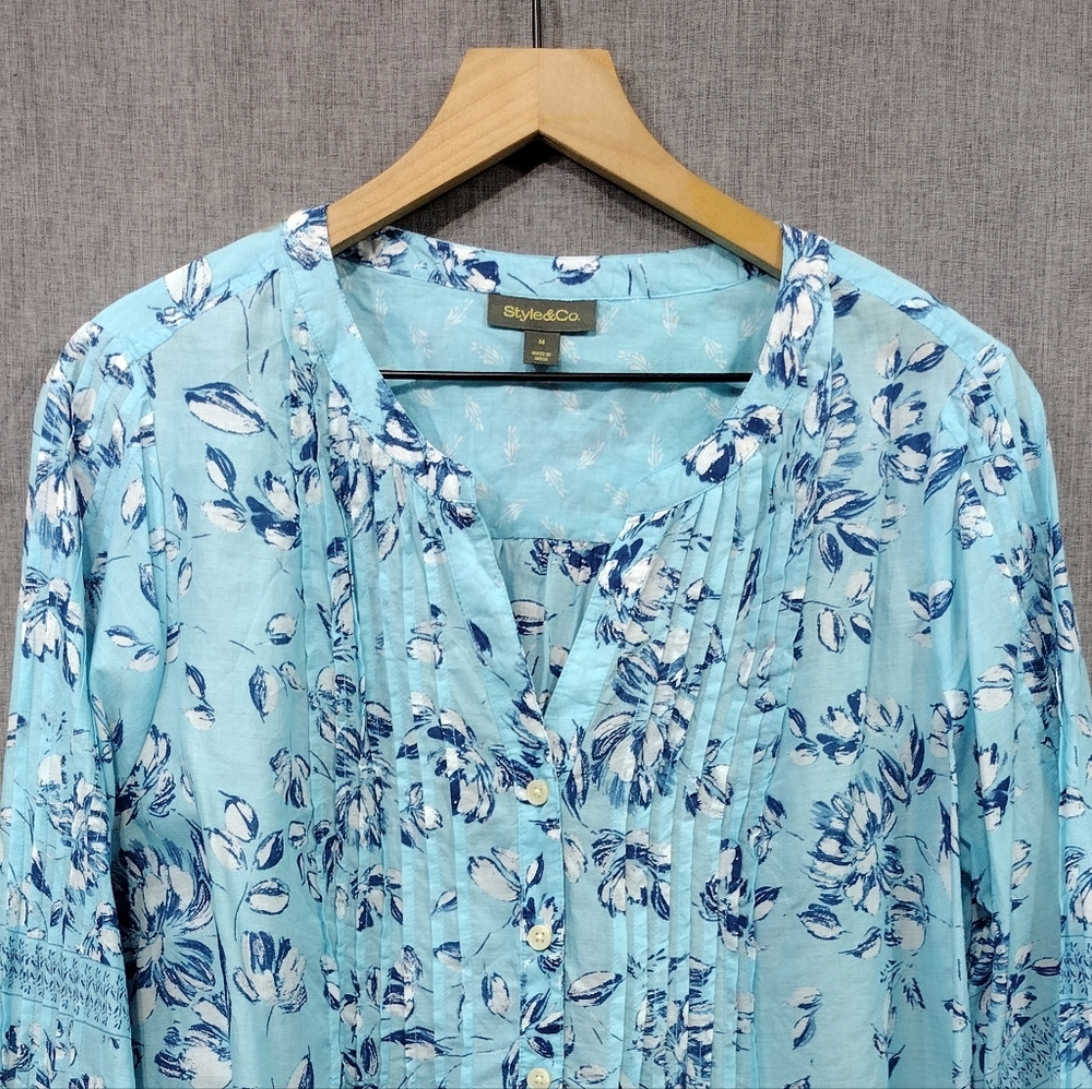 Style & Co. Floral Babydoll Top Women's M Blue Cottagecore Peasant Retro Y2K - Picture 2 of 8